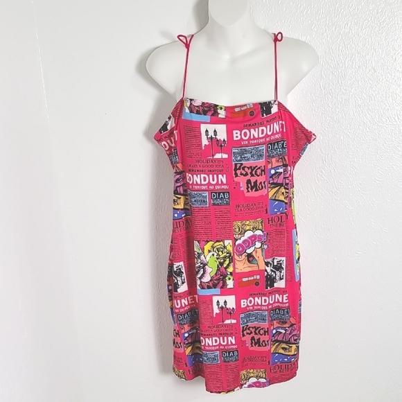 SHEIN Dresses & Skirts - Shein Hot Pink Magazine Print Mini Sundress with Tie Spaghetti Straps, Size 1X